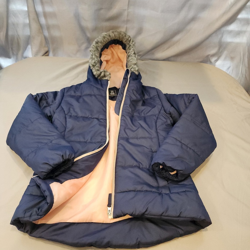 Rothschild Girls Size 14 Quilted Puffer Jacket Faux Fur Trim Hood Navy